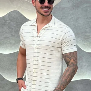 Camisa Viscose Sarjada Branco e Preto com Elastano Zeus