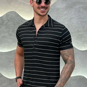 Camisa Viscose Sarjada Preto e Branco com Elastano Zeus
