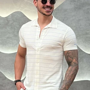 Camisa Viscose sarjada com Elastano Branco e Azul Zeus